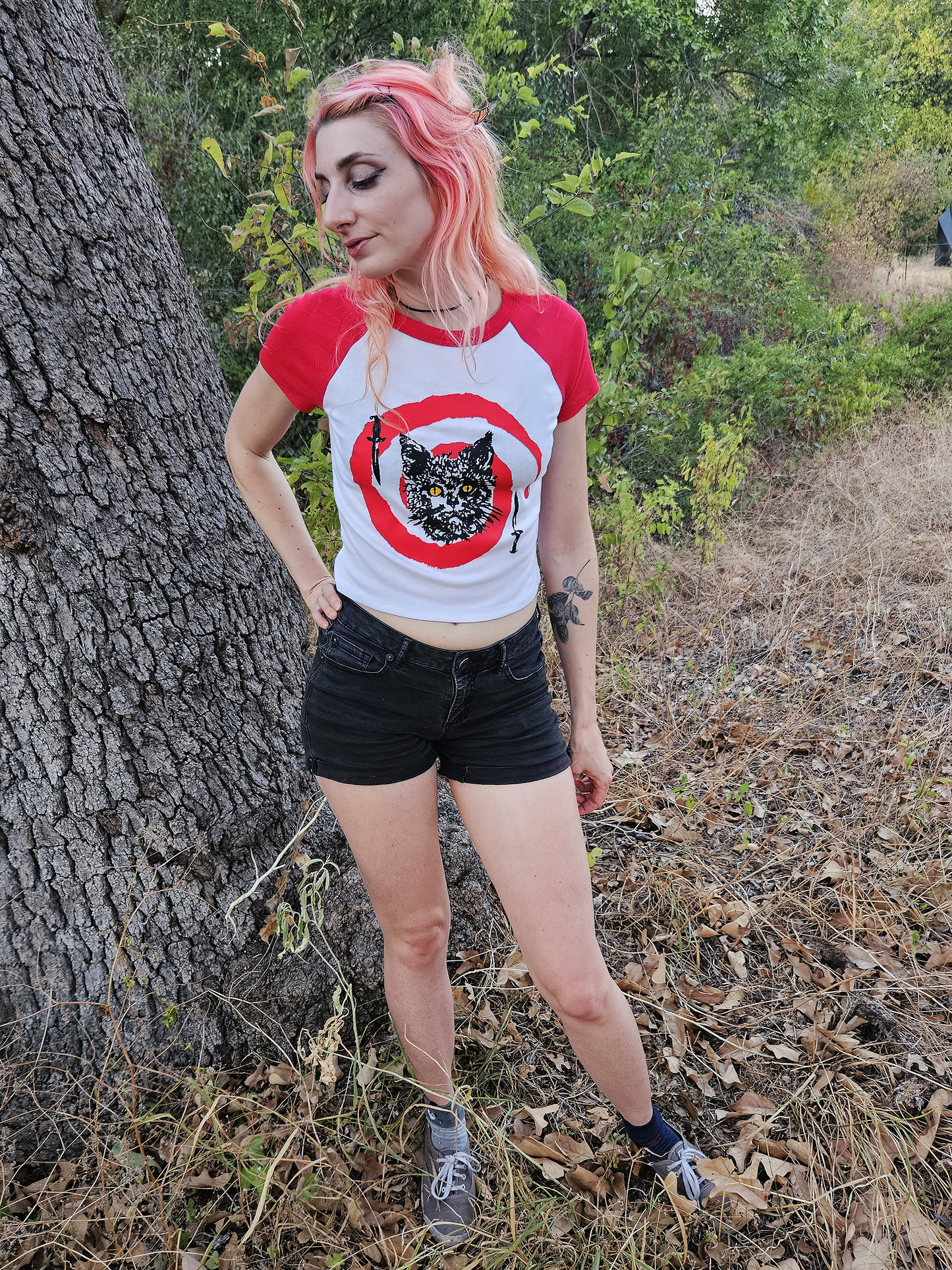 Hypno Cat Woman's Baseball T Crop Top - Red