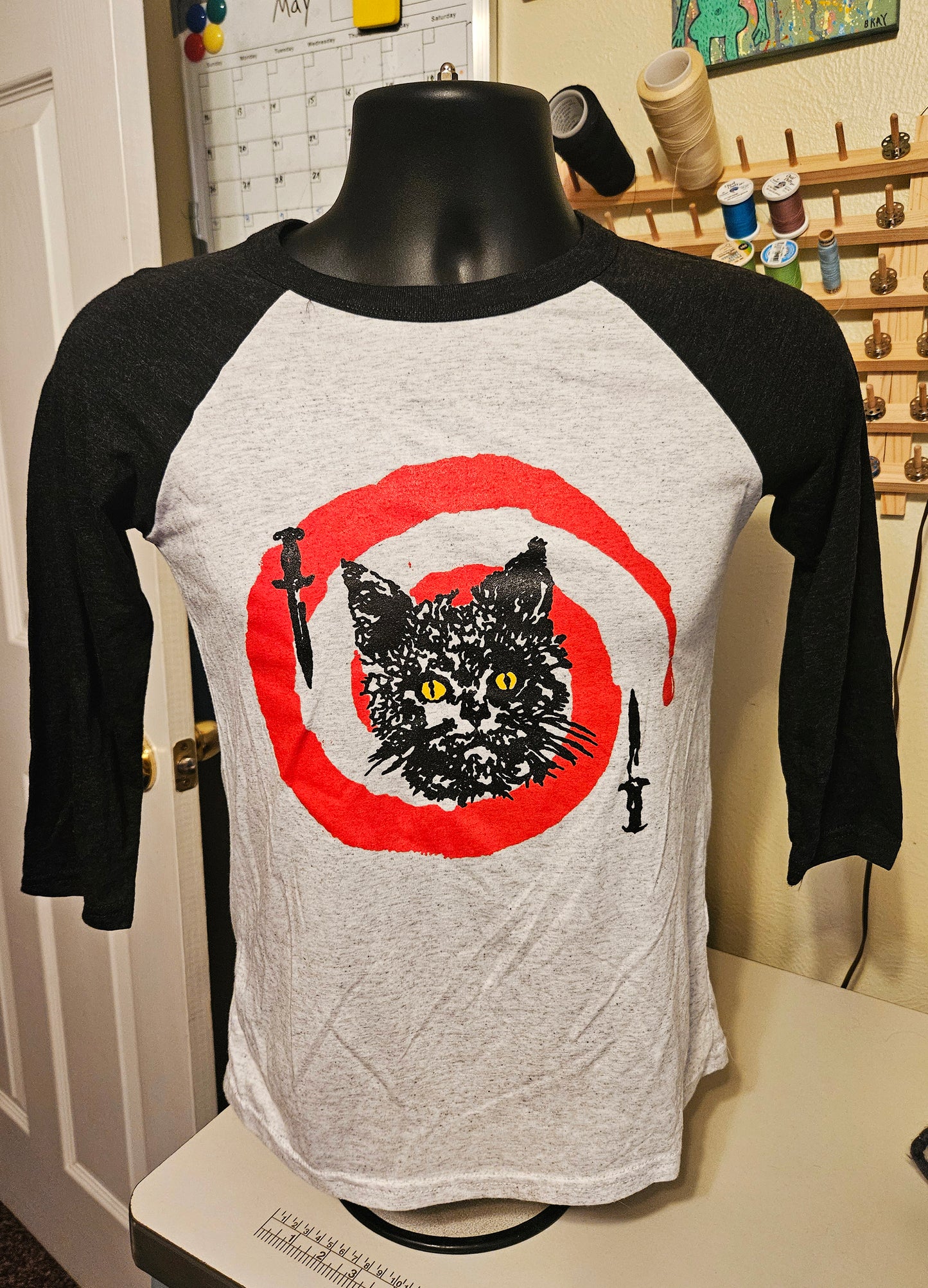 Hypno Cat Baseball Tee - Grey w Black Sleeves