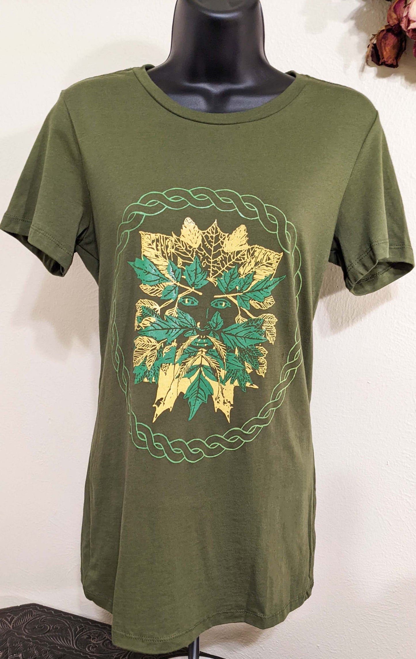 Green Man - Women's Cut Olive With Yellow Leaves T-Shirt
