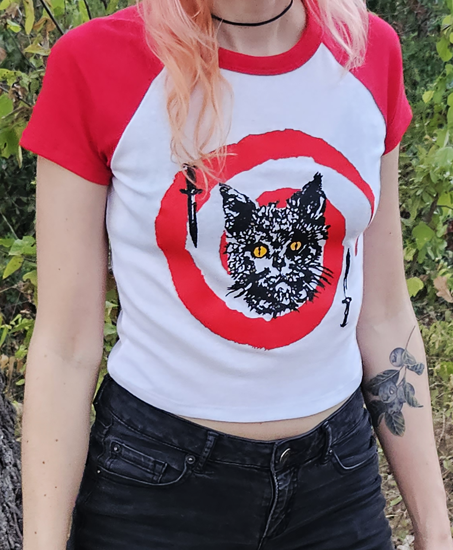 Cat Cult #1 Woman's Baseball T Crop Top - Red