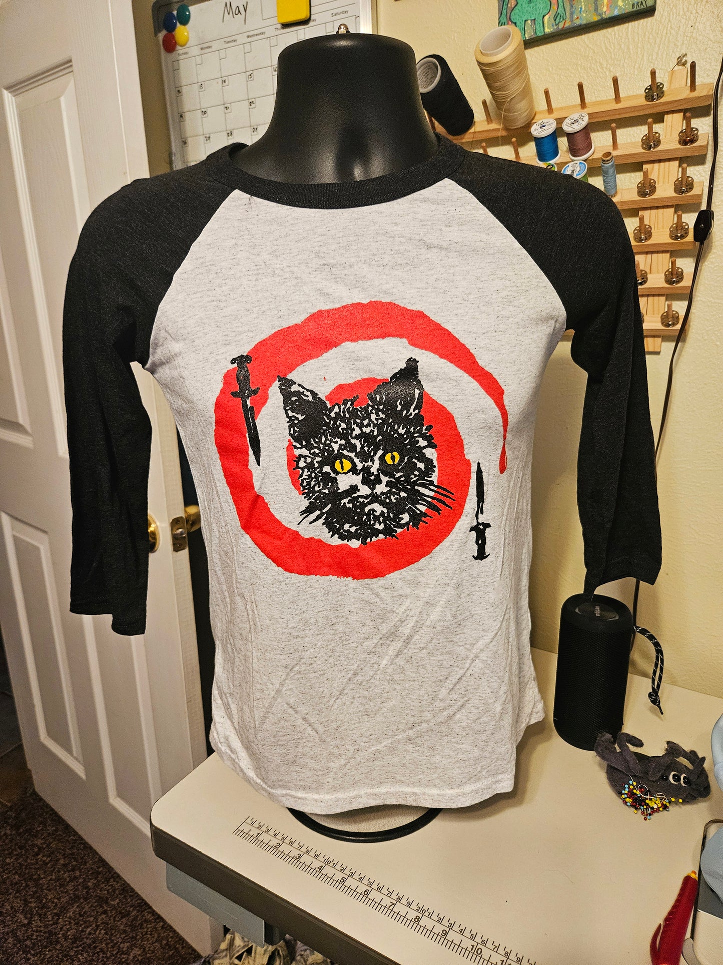 Hypno Cat Baseball Tee - Grey w Black Sleeves
