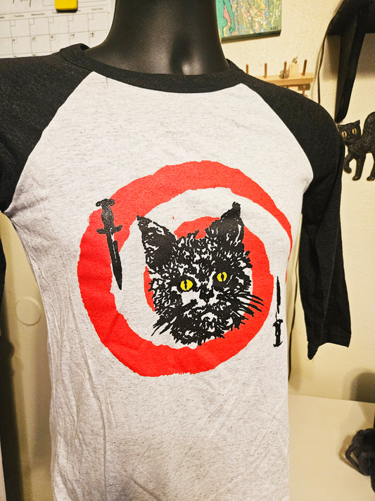 Hypno Cat Baseball Tee - Grey w Black Sleeves