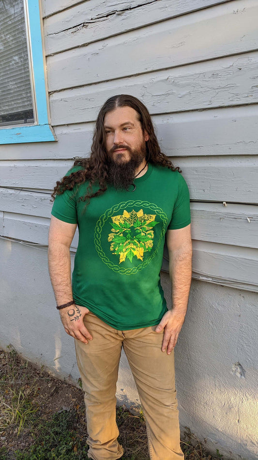 Green Man - Unisex Cut Forest Green With Yellow Leaves T-Shirt