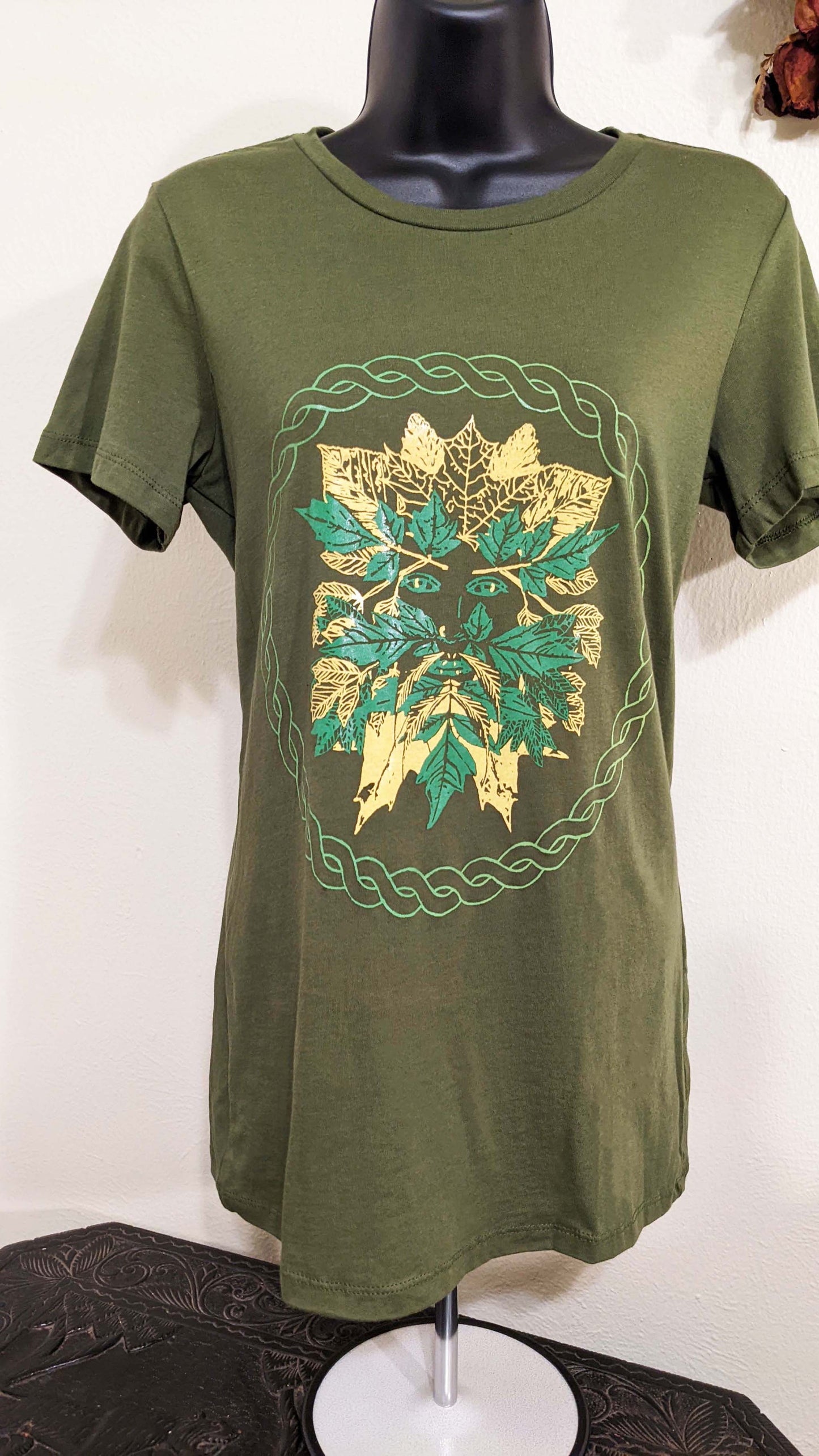 Green Man -  Women's  Cut Olive With Yellow Leaves T-Shirt