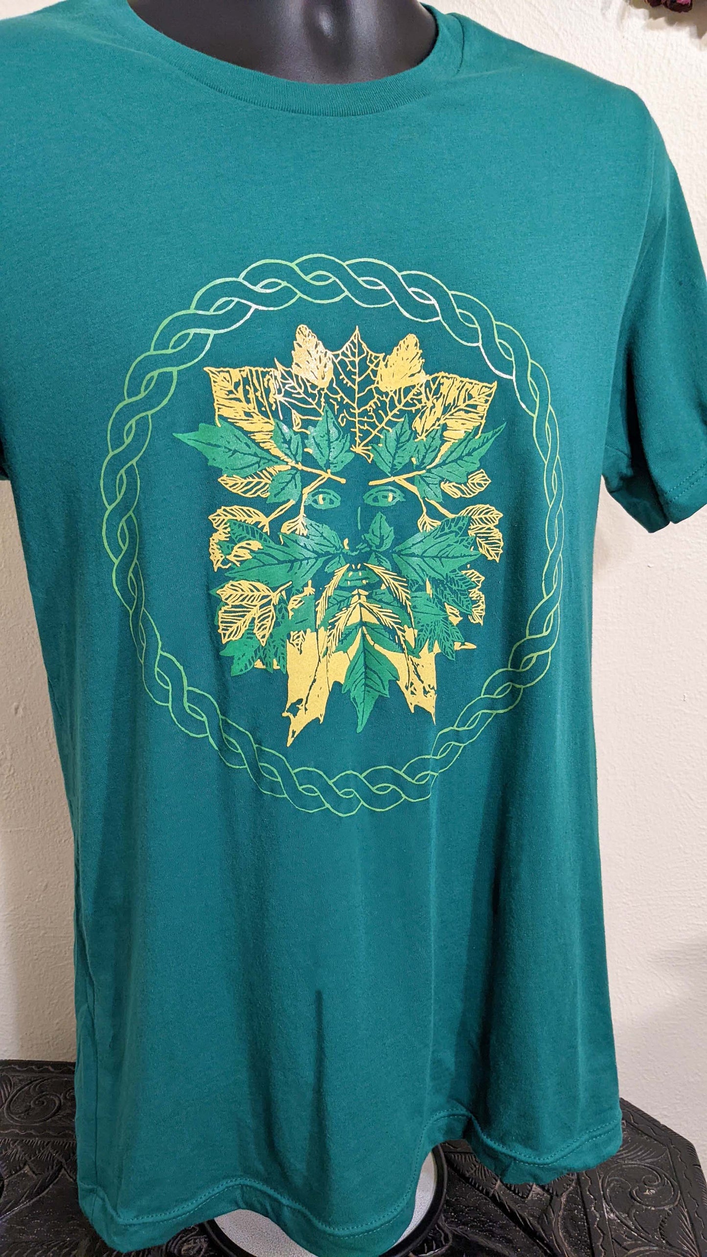 Green Man - Unisex Cut Forest Green With Yellow Leaves T-Shirt