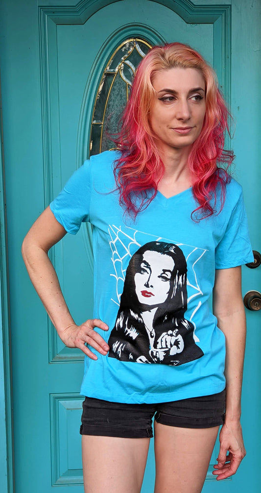 Morticia Addams - Women's Cut Turquoise V Neck Short Sleeve T-Shirt