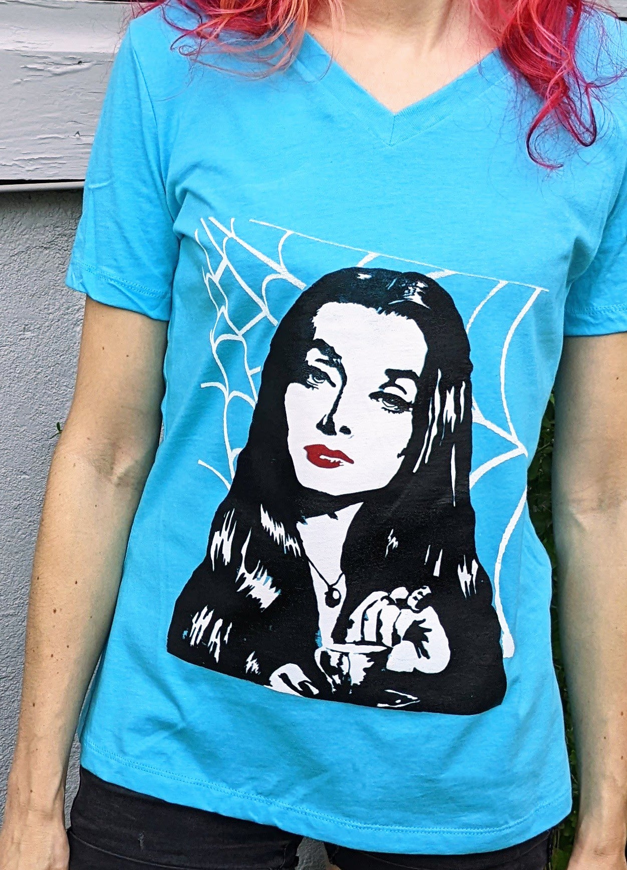 Morticia Addams - Women's Cut Turquoise V Neck Short Sleeve Femme Cut T-Shirt