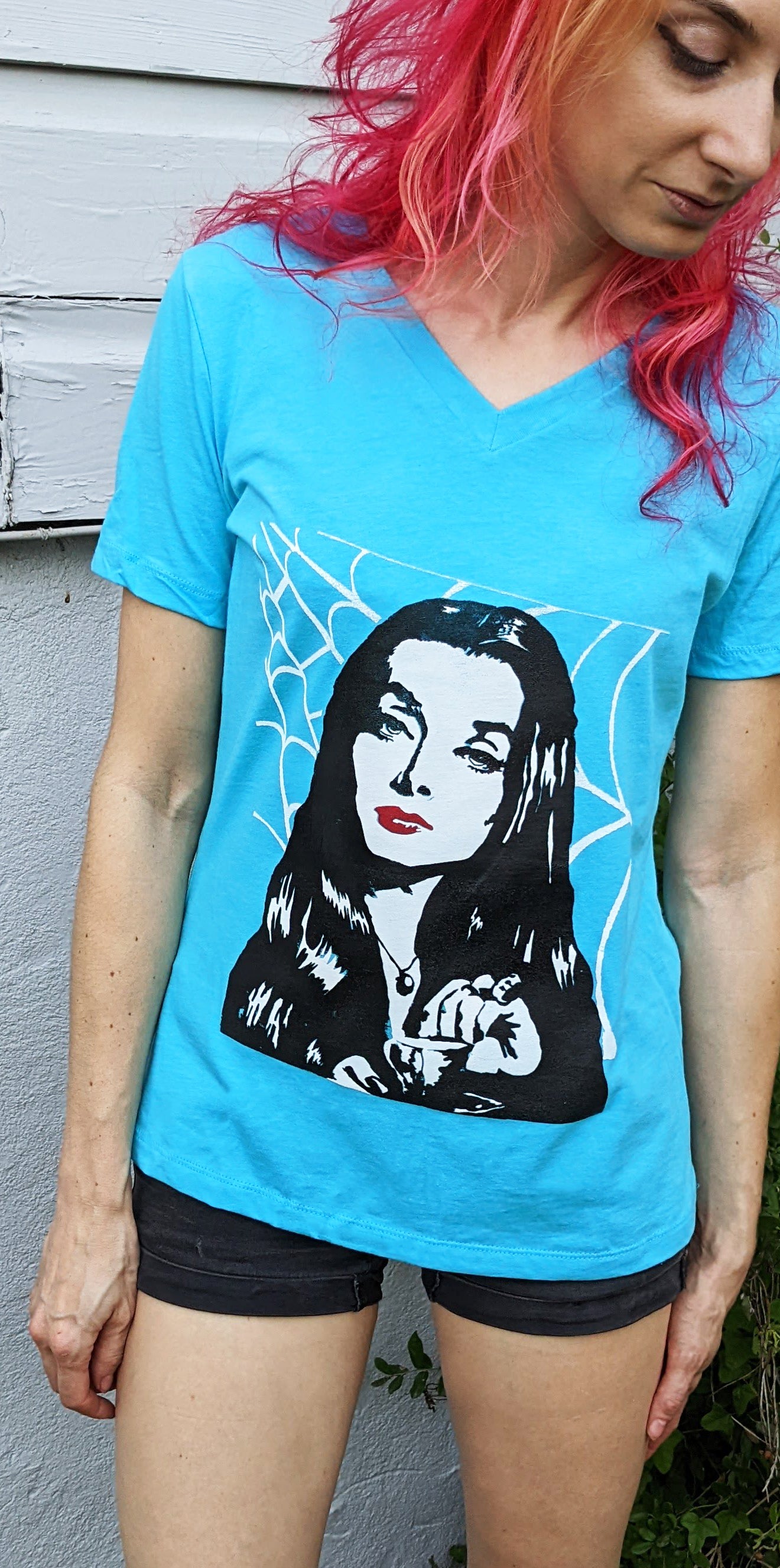 Morticia Addams - Women's Cut Turquoise V Neck Short Sleeve Femme Cut T-Shirt