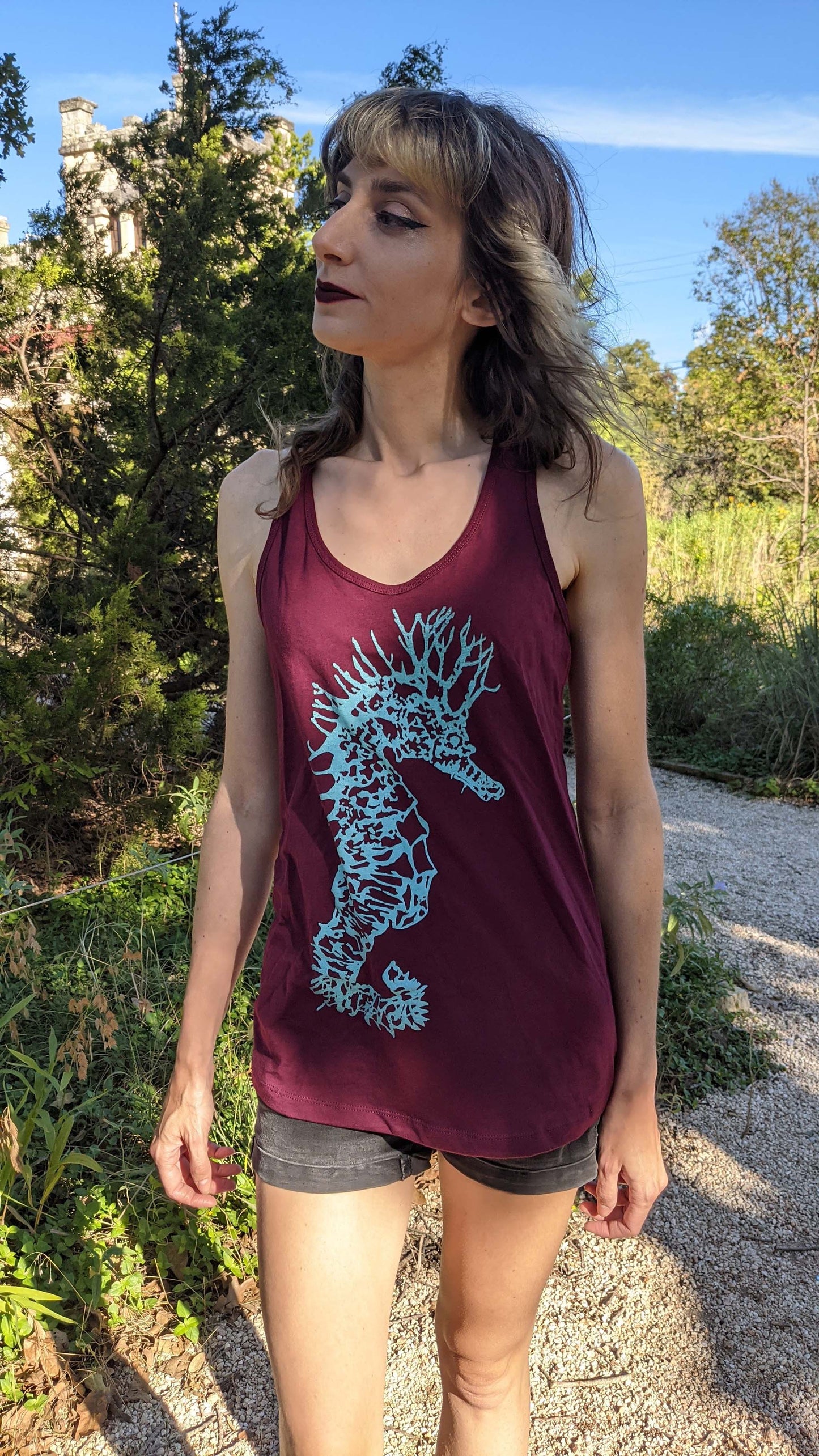 Electric Seahorse - Women's Burgundy Cut Sleeveless Shirt