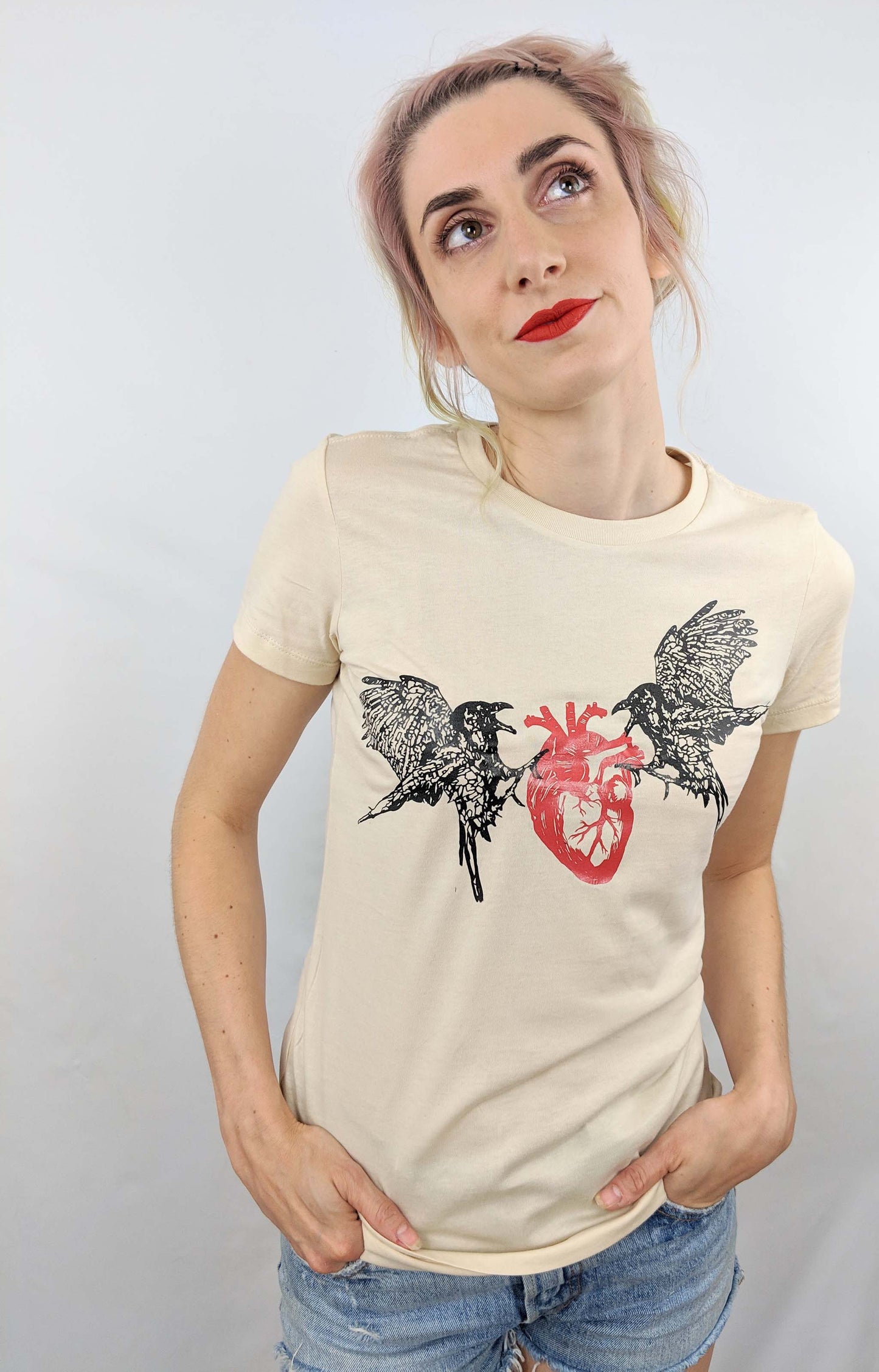 Two Crows And A Heart - Femme Cut Bone White T -Shirt