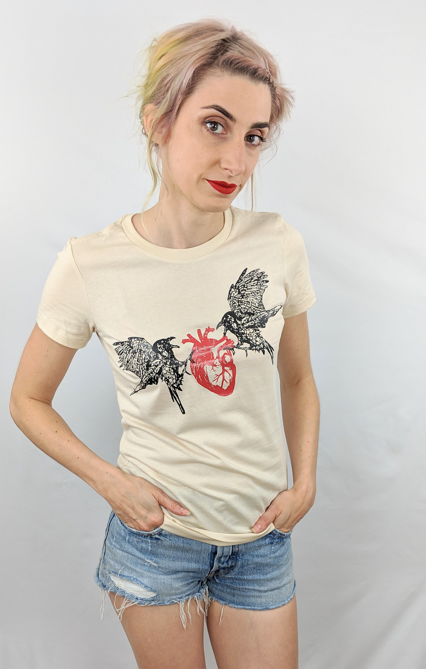 Two Crows And A Heart - Femme Cut Bone White T -Shirt