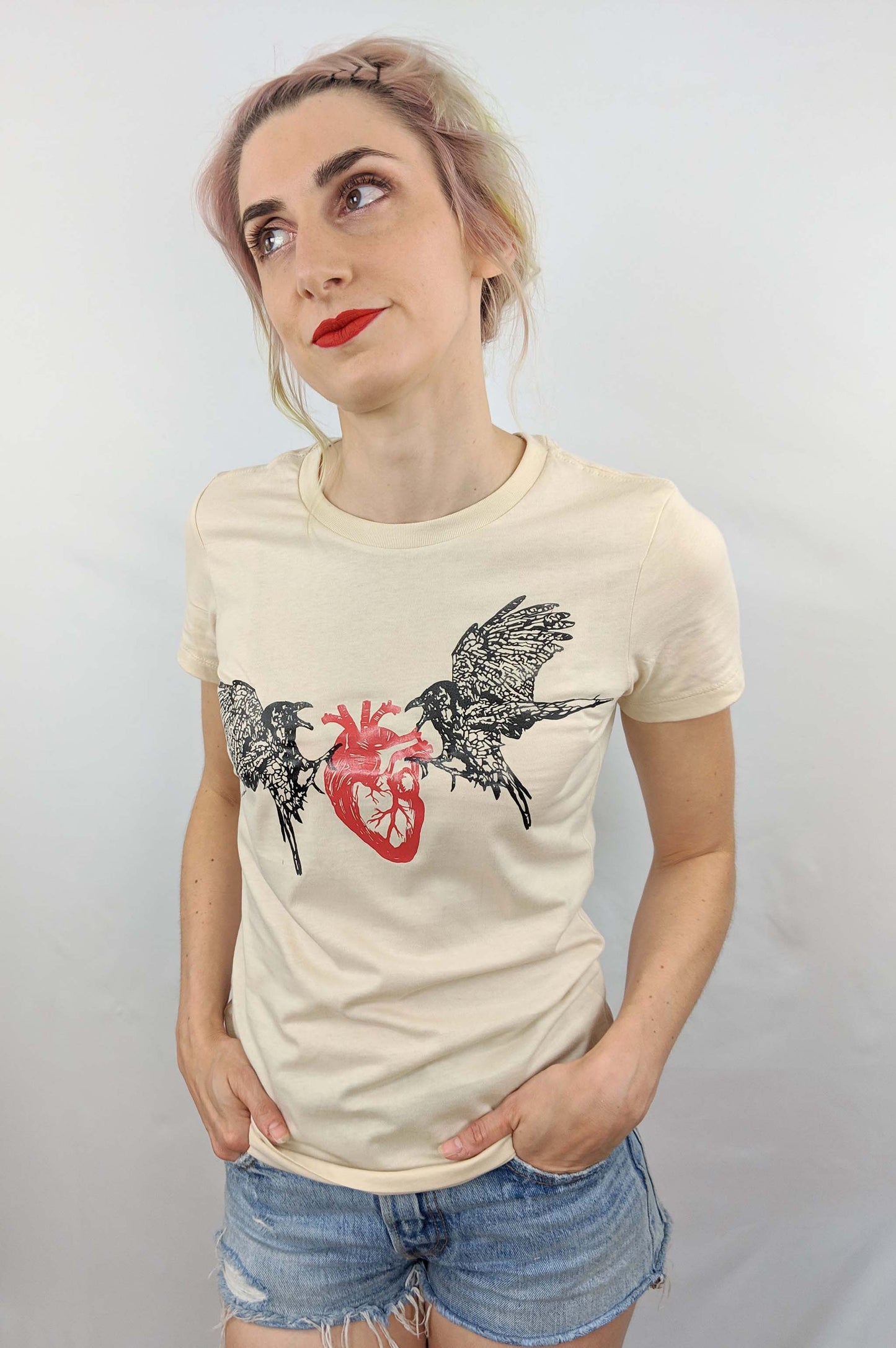 Two Crows And A Heart - Femme Cut Bone White T -Shirt